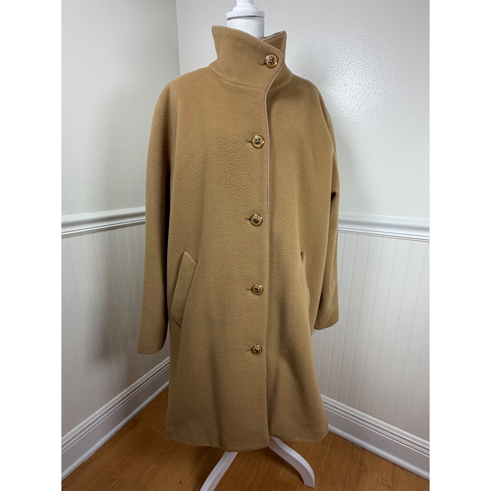 Dennis Basso Womens Wool Cashmere Blend Funnel Neck Camel Coat Gold Size L